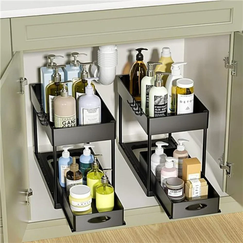 2 Pack Under Sink Organizer, 2-Tier Sliding Cabinet Basket Organizer with Hooks